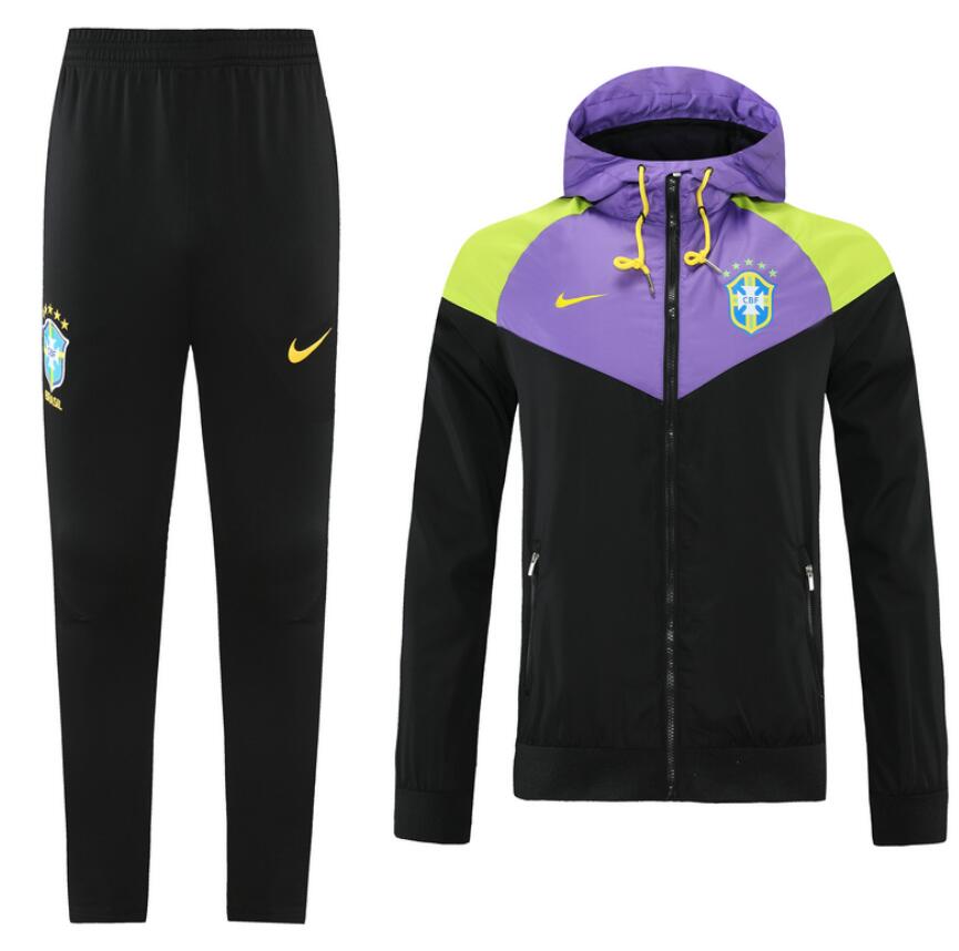 2021/22 Brazil Black Purple Training Kits Windbreaker Hoodie Jacket with Pants